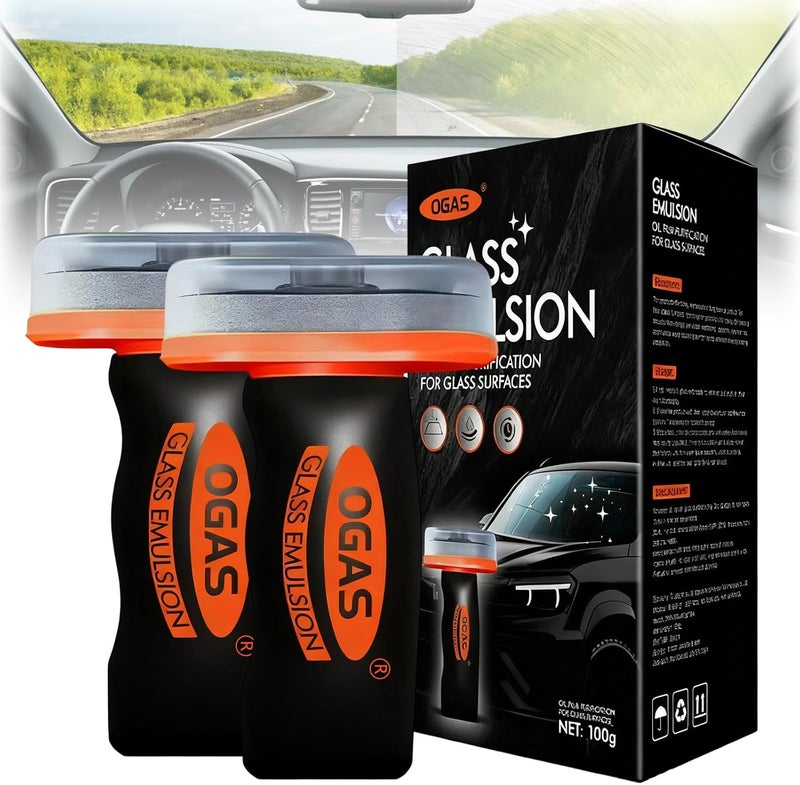 Flaurix 2PCS Glass Oil Film Remover for Car,Roll-On Glass Compound with Cleaning Board,Removes Oil Film & Smudges,Universal Anti-Rain Fog Brush - Image 1